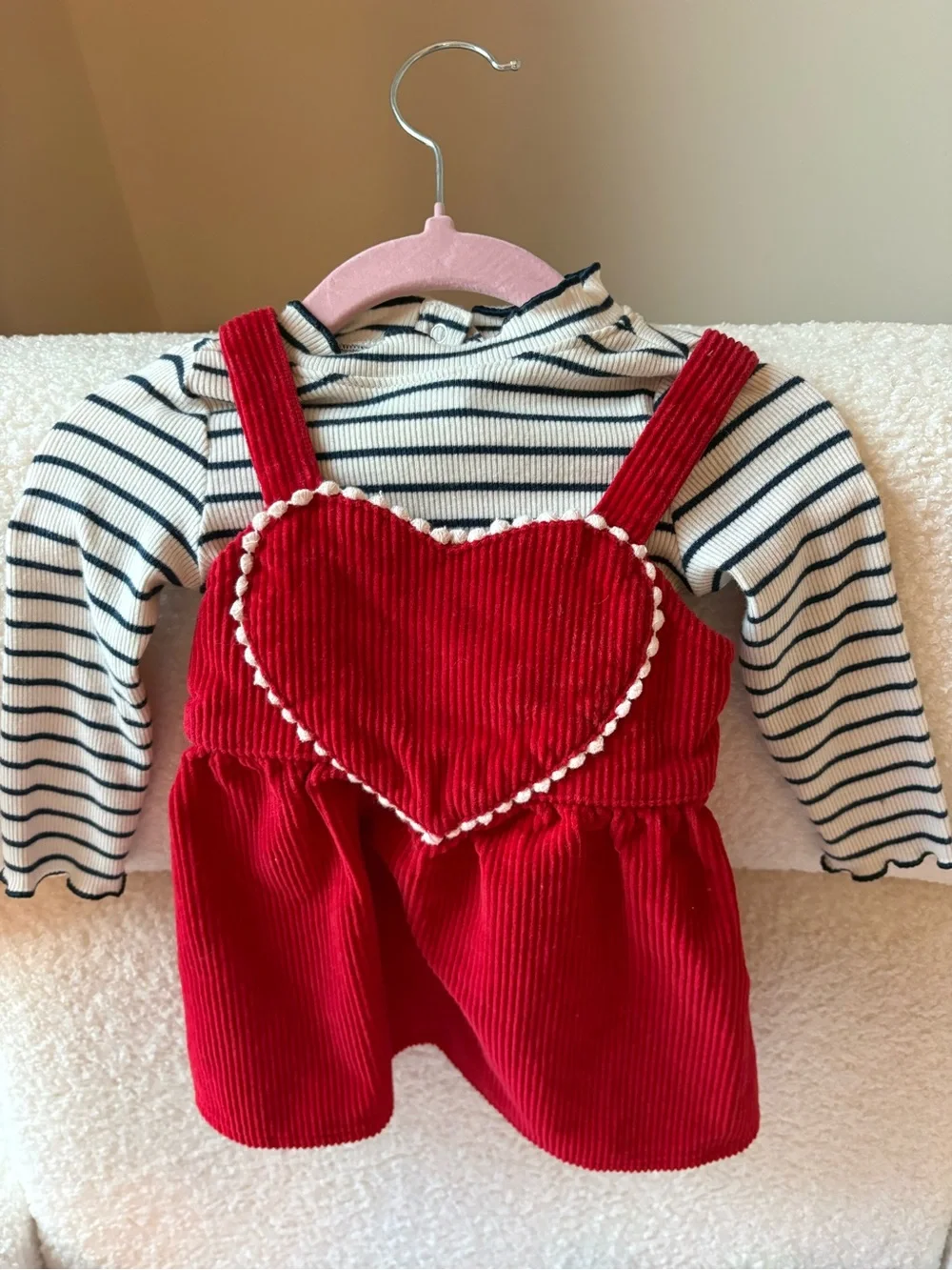 Old Navy Red Corduroy Heart Pinafore with Striped Top